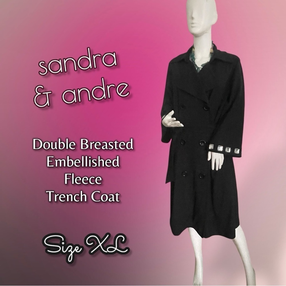 Sandra & Andre Embellished Black Fleece Trench Coat Size XL